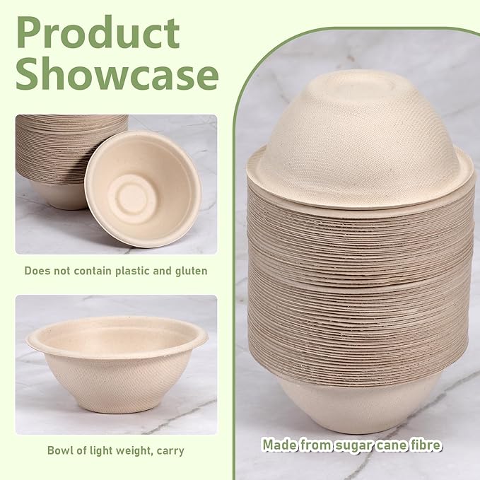 200 Pcs 8 Oz Compostable Disposable Paper Bowls, Natural Sugarcane Bowls Eco-Friendly Soup Bowl for Ice Cream Desserts Salads Pet Food