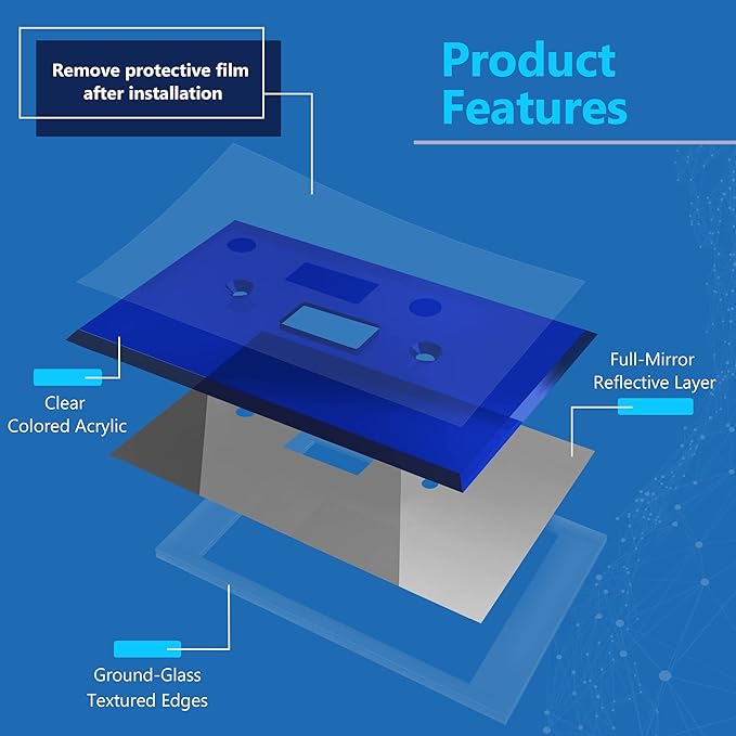LIDER Toggle Switch Acrylic Wall Plate, Mirrored Light Switch Plate, Plexiglass Switch Cover, Mirror-like Reflective Finish, Modern Upgrade, Oversized 1-Gang 5.25" x 3.44", Blue, 5 Pack