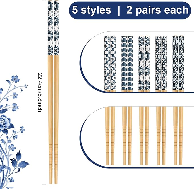 Chopstick & Dish Set, 10 Pairs 8.8 Inch Natural Bamboo Chopsticks and 12 Pcs 3.2 Inch Indigo Ceramic Dipping Bowls, Reusable Bamboo Utensils & Small Dip Plates for Sushi, Home Kitchen, Party