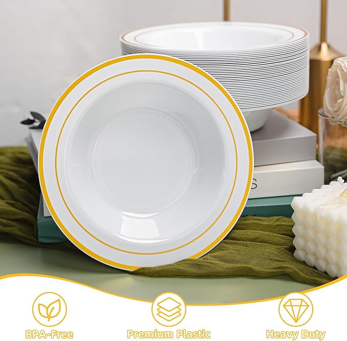 100 PCS Plastic Bowls with Gold Rim, 12oz Premium Heavy Duty Soup Bowls, Dessert and Salad Bowls for Party, Wedding and Holiday