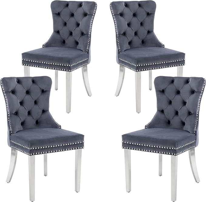 KCC Velvet Dining Chairs Set of 4, Upholstered High-end Tufted Dining Room Chair with Nailhead Back Ring Pull Trim Stainless Steel Legs, Contemporary Nikki Collection Modern Style for Kitchen, Gray