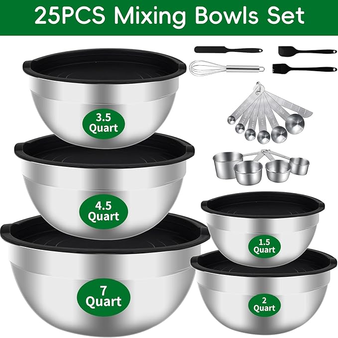 Mixing Bowls Set, 25PCS Stainless Steel Mixing Bowl with Lid Set, Large Nesting Bowls 7, 4.5, 3,2, 1.5QT, Measuring Cups and Spoons Baking Utensils Metal Bowl for Kitchen Prep