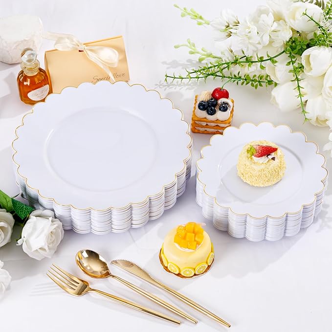 LIYH 60 Pcs Gold White Plastic Plates Scalloped Plastic Holiday Plates Disposable Gold Combo Plate Includes 30 Dessert & 30 Dinner Plate Dishes for Valentine's Day and Mother's Day