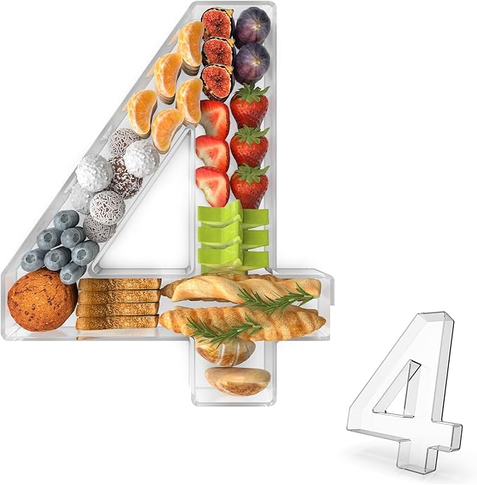 11" Acrylic Number Charcuterie Tray, Fillable Number Charcuterie Box for Food, Reusable Serving Cake Candy Dish Display Tray for Birthday Anniversary Party Decoration (Number 4)
