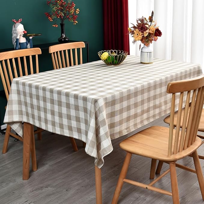 Gingham Tablecloth Rectangle Table Cloth Heavy Duty Cotton Checkered Table Cover for Spring Picnic Kitchen Dining(C-Beige, 52x98 inch)