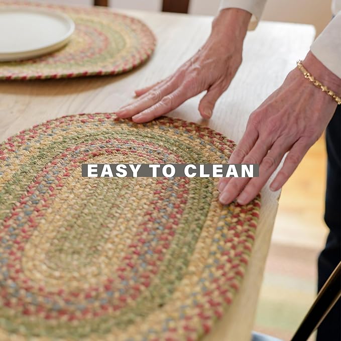 Homespice Azalea Jute Braided Oval Placemats, Warm Country Primitive Decor, Set of 6, 13x19 Multicolor Table Mats - Vibrant Colors, Durable, Easy to Clean and Protects Furniture