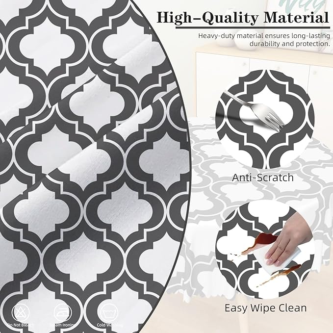 Laeacco 36 Inch Morocco Round Tablecloth Grey White Geometric Lattice Modern Abstract Art Print Table Cloth Washable Waterproof Wrinkle Free Table Cover for Kitchen Dining Picnic Party Decoration