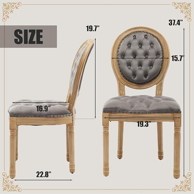 SoarFlash French Dining Chairs Set of 4, Vantage Dining Chair with Round Back, Wood Leg Farmhouse Country Velvet Dining Chair for Kitchen,Bedroom,Grey