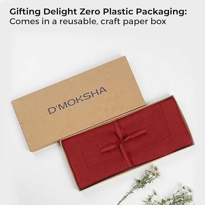 D'Moksha Homes Linen Red Table Runner 48 Inches - Classic Hemstitch, 100% Pure Linen Coffee Table Runner 14 x 48 Inch Ideal for Dresser Tables, Valentines, Spring