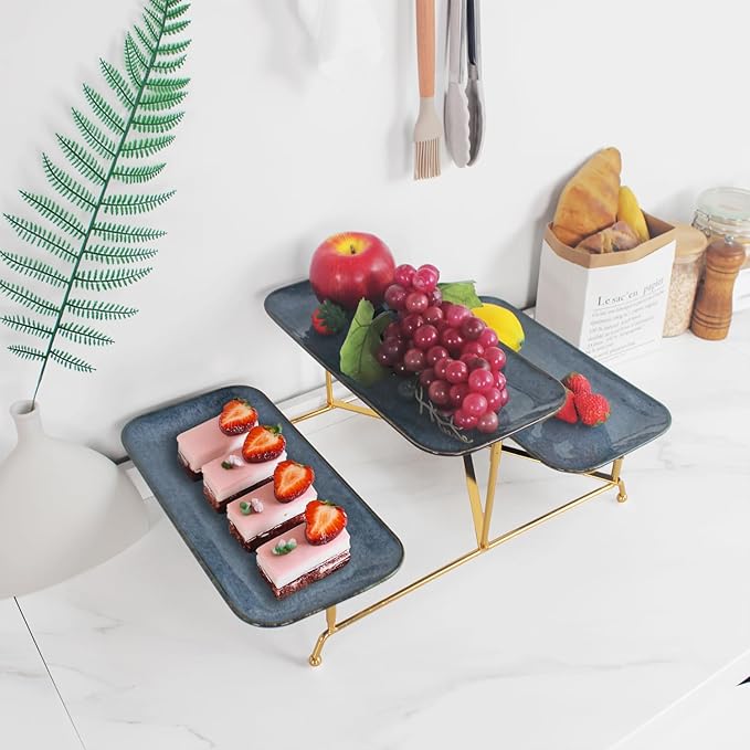 3 Tier Serving Trays for Party, 12.4 Inch Porcelain Serving Platters and Tiered Trays, Foldable Sturdy Gold Stand, for Food Display, Fruit, Cake Dessert, Decoration Entertaining, Blue