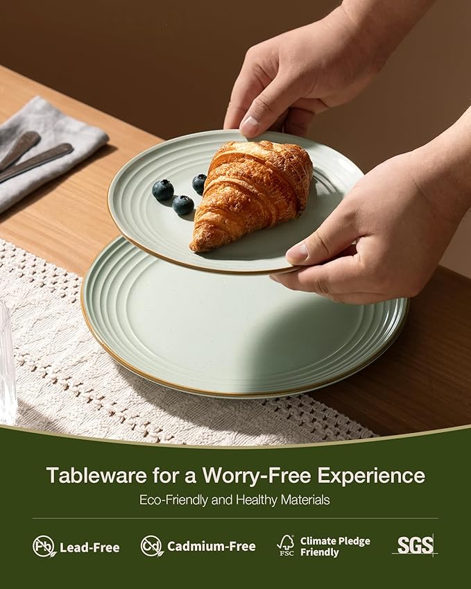 Famiware Jupiter Dinnerware Set with Pasta Bowl, Plates and Double Bowls Dish Sets for 4 (16 Pieces), Microwave and Dishwasher Safe Stoneware Tableware, Chip and Scratch Resistant, Light Green