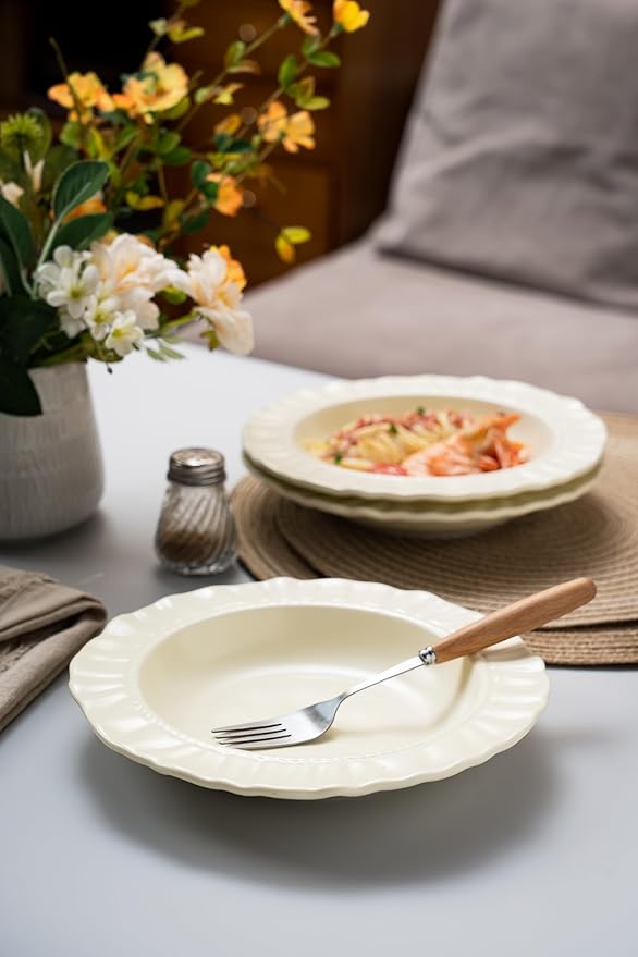 Ceramic Soup Bowls 8.6 in, Pasta Bowls & Plates, Cream color Floral-Embossed Wide Rim Shallow Bowls Set of 2, Italian Carving Design, Matte Finish Porcelain, Microwave & Dishwasher Safe