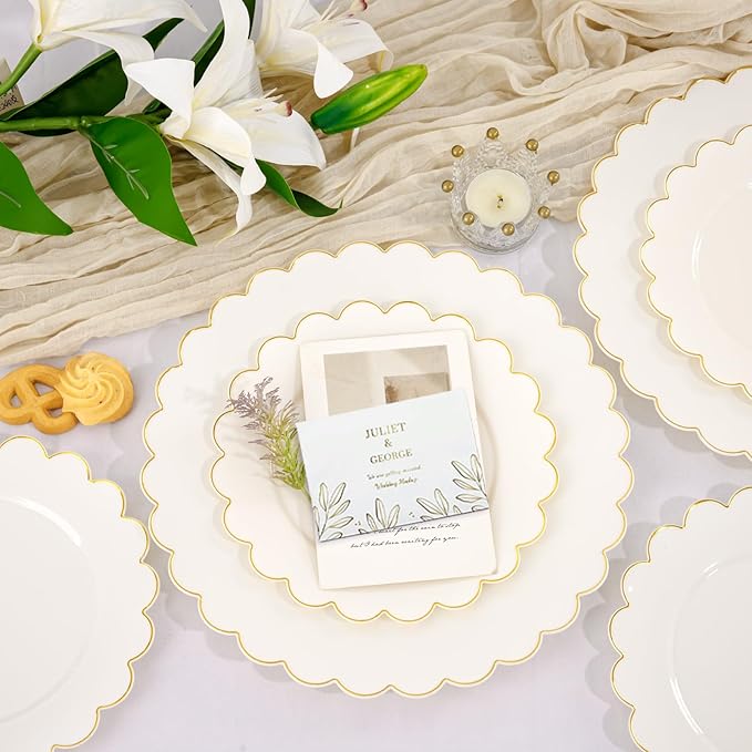 LIYH 120 Pcs Ivory Scalloped Plastic Plates Disposable - Ivory and Gold Plastic Plates - Gold Fancy Disposable Party Dinner & Dessert Plate for Wedding Birthday Valentines Day