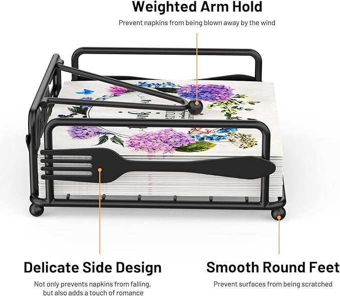 Napkin Holder for Table, Flat Napkin Dispenser with Weighted Arm, Square Cocktail Paper Holder of Elegant Rustic Iron for Kitchen Dining Room Decor Restaurant Farmhouse Hotel Party, Black