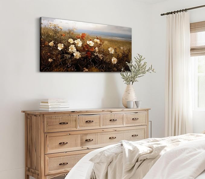 ADJUVANT Wall Art Vintage Coastal Wildflower Field 40"L x 20"W, Seaside Meadow With White And Orange Blooms Canvas Painting Nature Artwork Retro Floral Prints Botanic Wall Decor for Living Room Bedroom