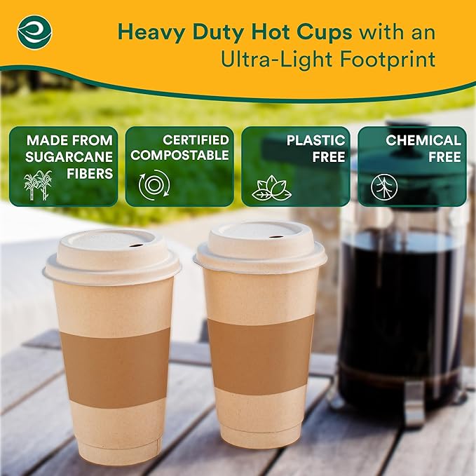 ECO SOUL 25 Pack 16 oz Disposable Coffee Cups with Lids & Sleeves Eco-Friendly, Biodegradable, Compostable, Leak-free & Sturdy To Go Hot Drink Cup for Tea, Chocolate Party Travel Cafe Office & Home