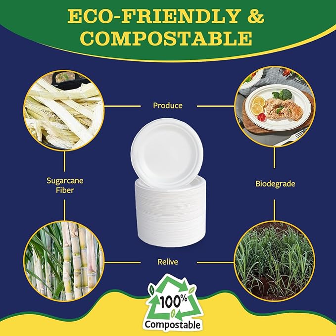 7” Compostable Plates, 125-Pack | Biodegradable Sugarcane | Sturdy, Microwave-Safe Disposable Plates for Parties & Events