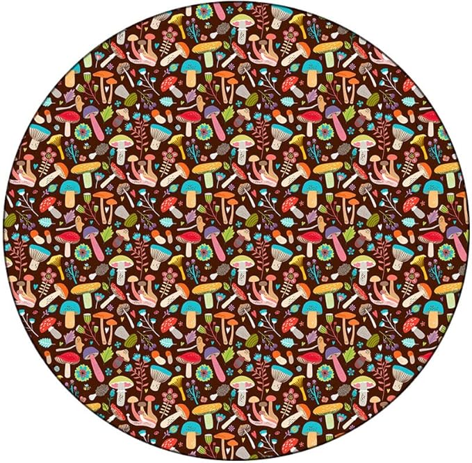 Small Round Tablecloth, Mushrooms Washable Polyester Table Cloth for, Attractive Various Cartoon Leaves and Mushrooms Graphic, Fit Round Tables 32inch Diameter, for Xmas/Parties/Home, Brown