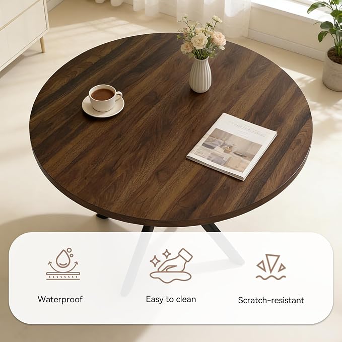 44" Round Dining Table with Cozy Chair Set for 4, Modern Mid-Century Dining Table Set of 4, Dinette Sets with Metal Leg for Kitchen Dining Room Apartment(Walnut Table + Brown Chairs)