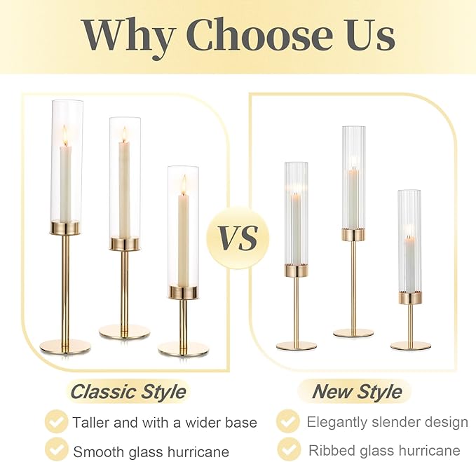 Hewory Gold Candle Holders, 3Pcs Hurricane Candlestick Holders with Glass Candle Cover for Wedding Table Centerpiece Christmas Decor