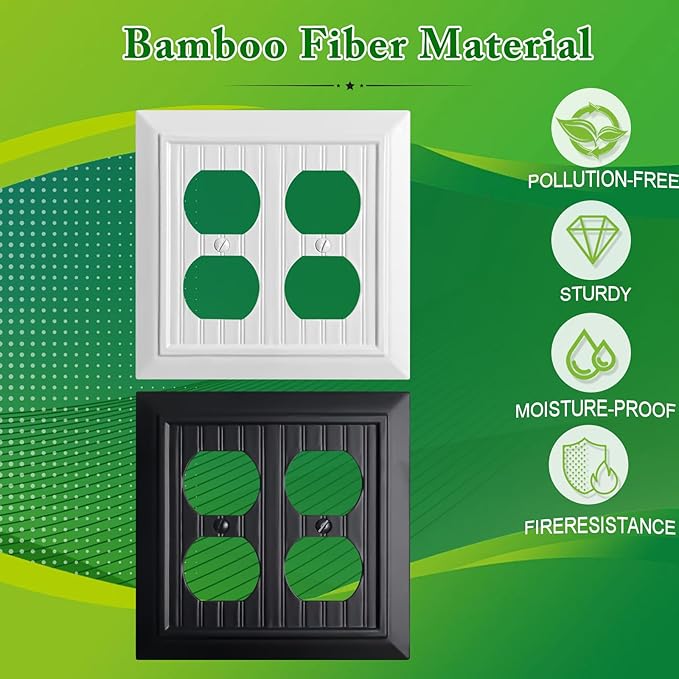 Beadboard Outlet Covers Wall Plates, Bamboo Fiber Light Switch Covers, Natural Material Electric Receptacle Decorative Switch Plate Outlet Cover (Pure White, 2 Gang Duplex 2 Pack)