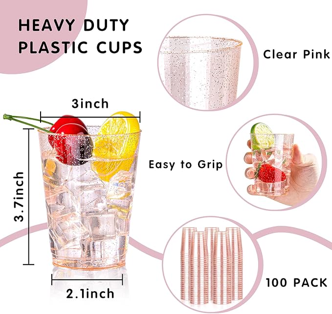 DaYammi 100 Pack 10oz Pink Plastic Cups for Party Premium Glitter Disposable Plastic Cup for Martini and Cocktail, Hard Pink Disposable Cups for Wedding,pink cups for Valentine's Day Party