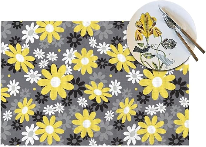 Placemats Set of 6 Vintage Daisy Place Mats Abstract White Yellow Floral Woven Table Mats Washable Black Grey PVC Placemat for Dining Kitchen Decor Indoor Outdoor, 12 x 18 Inch