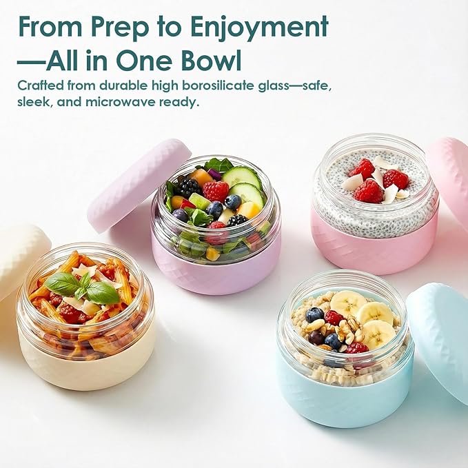 4 Pack 16 oz Glass Lunch Bowl Containers with Lids | Leak & Spill Proof, BPA-Free, Microwave & Dishwasher Safe, Airtight Meal Prep & Food Storage Jar for Lunch, Salad, Soup, Oats, Stew, Yogurt