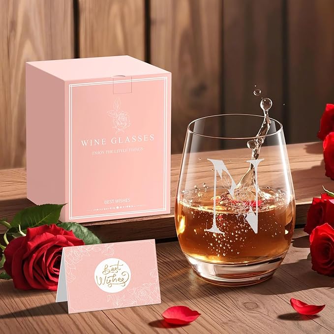 Valentines Day Gifts for Her, Gifts for Women Her Friend Mom Grandma Wife Sister Bridesmaid Nurse, Birthday Galentines Mothers Day Christmas, Personalized Initial Customized Wine Glasses 18OZ(N)