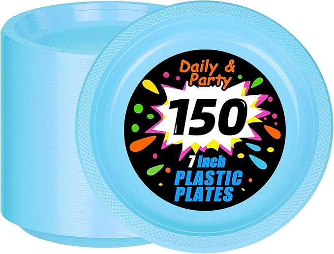 WELLIFE Light Blue Party Plates 7 Inch -150 Count, Disposable Plastic Baby Blue Dessert Plates for Party Cake Appetizer Salad Baby Shower