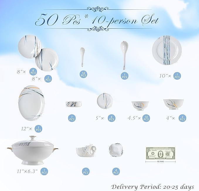 50 Pcs Fine Bone China Dinnerware Set, Porcelain & Ceramic Dinnerware Sets, Bone Stoneware & Ceramic Cookware Tableware Set Includes Dinner Plates|Spoons|Pasta Bowls|Soup Pot|Chopsticks