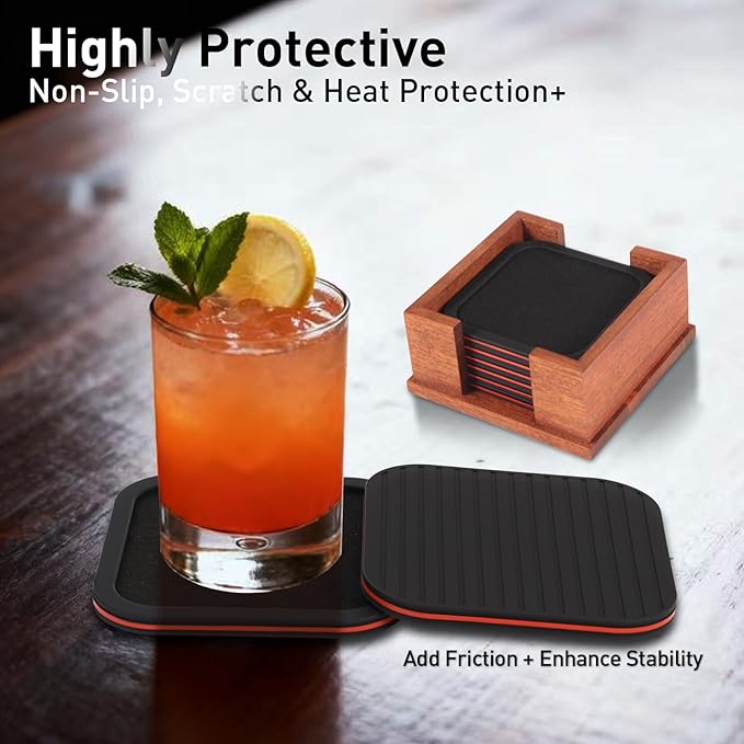 Lexenic Sleek Absorbent Coasters for Drinks with Solid Acacia Wood Holder, Silicone Cup Mat with Removable Felt Insert, Non-Slip, Non-Stick, Gift for Coffee Table Kitchen Decor, 6PCS (Black Red)