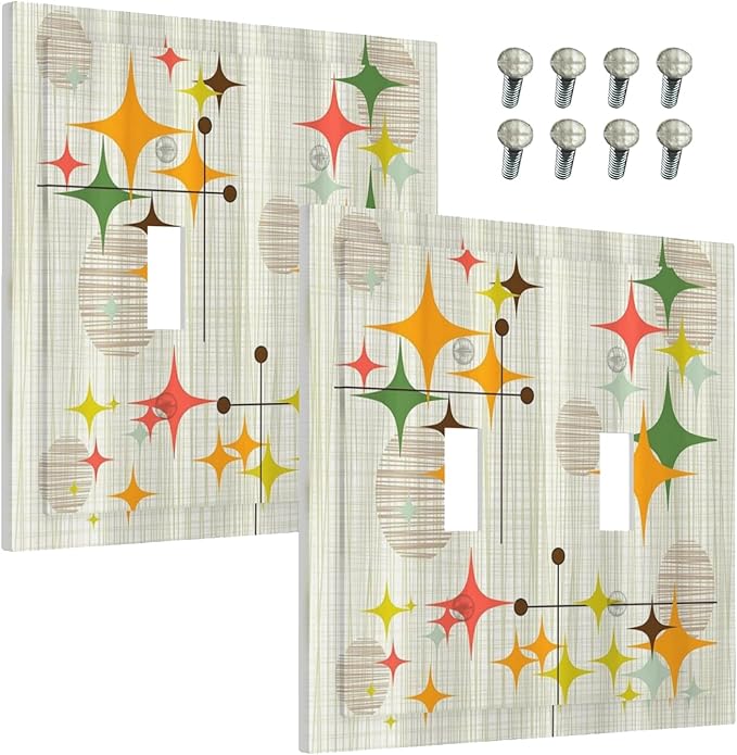 Decorative Light Switch Cover Mid Century Modern Retro Stars 2 Gang Wall Plate Double Toggle Switch Plate Receptacle Electrical Outlet Cover Switchplate for Bathroom Bedroom Decor（2 Pack）