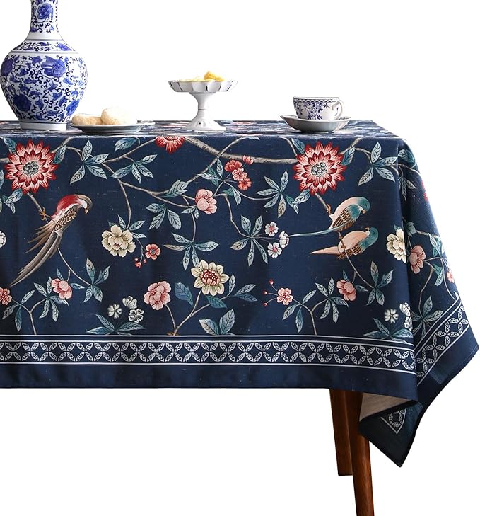 patdrea Designer Vintage Dark Blue Linen Rectangular Tablecloth,Navy French Floral and Birds Pattern Table Cloth,Decoration Table Cover for Kitchen,Dining,Tea Party,Home,Christmas,63"*94"