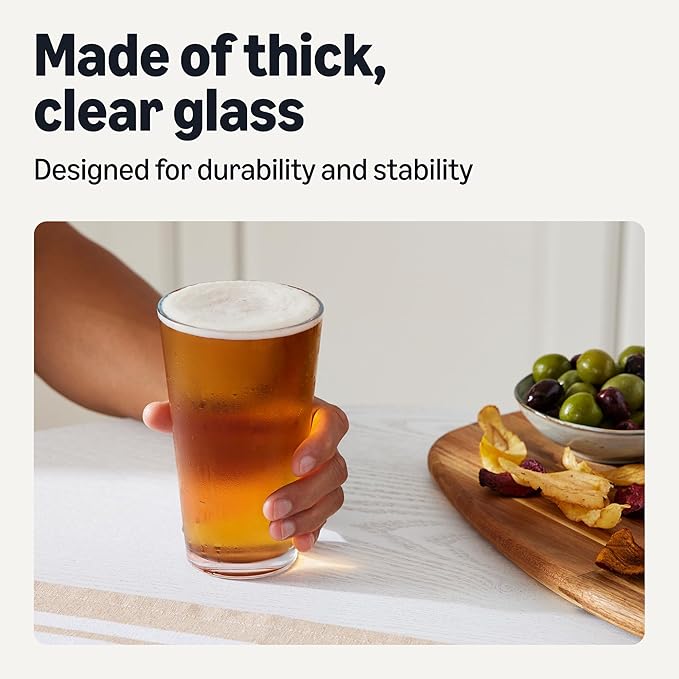 Amazon Basics Pint Glasses, 4-Piece Set, 16 oz., Dishwasher-Safe