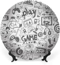 Ceramic Plates, Video Games Decorative Ceramic Plates, Monochrome Sketch Style Gaming Design Racing, 7 Inch, for Dining, Parties, Wedding, White Black