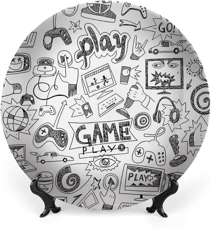 Decorative Plates, Video Games Print Ornament, Monochrome Sketch Style Gaming Design Racing, 6 Inch, 1 Plate with 1 Display Stand, White Black