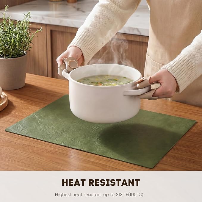 Artoid Mode Olive Green Faux Leather Placemats Set of 4, 12x18 Inch Waterproof Wipeable Heat Resistant Vinyl Place Mats, Reversible Table Mats for Kitchen Dining Decor