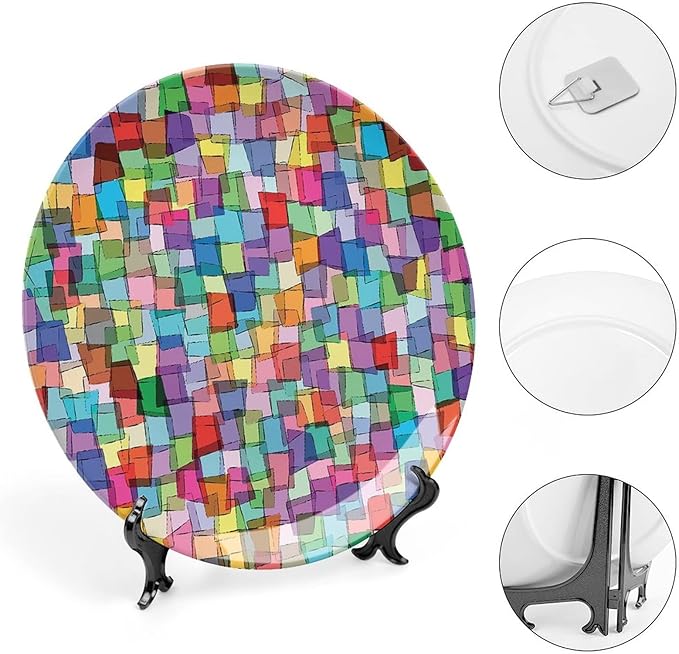 Ceramic Display Plate, Abstract Ceramic Hanging Decorative Plate, Mosaic Tile Pattern Colorful Squares Cubes, 10 Inch, Living Room Kitchen Decoration Household, Multicolor