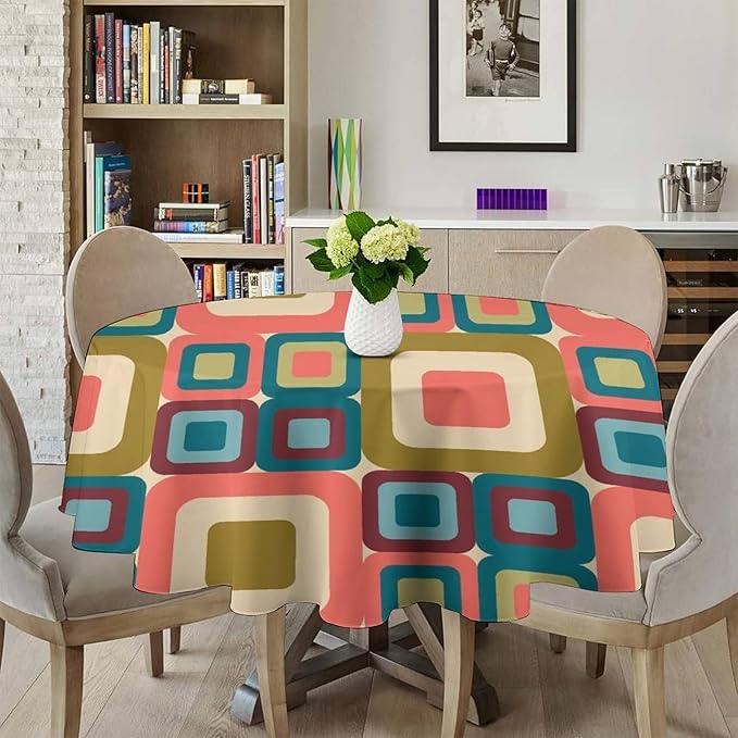 Abstract Geometric Round Tablecloth, Mid Century Modern Middle Century Abstract Patterns Print Tablecloth for Home Party Dining Room Kitchen Decor 70Inch(178cm)
