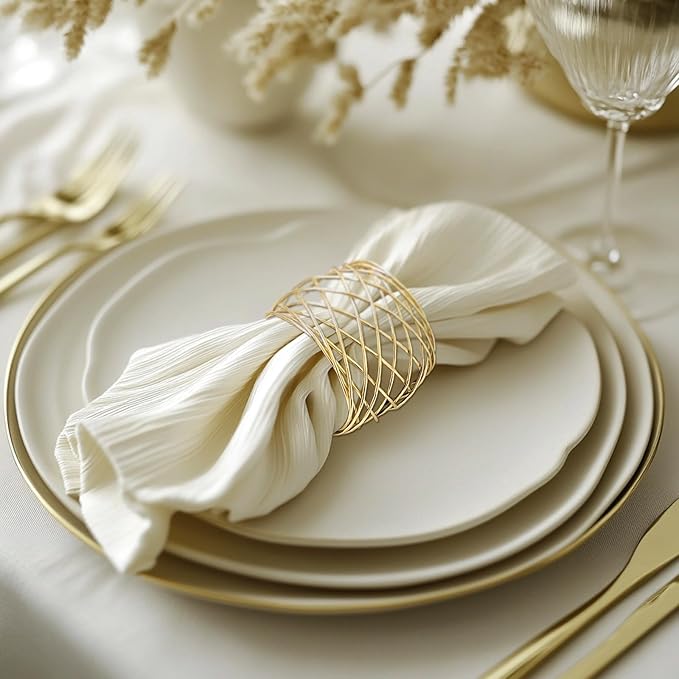 Gold Napkin Rings, Thanksgiving Christmas Napkin Rings Set of 12, Nickel-Plated Steel Table Decor for Festival Party - Mesh Shape