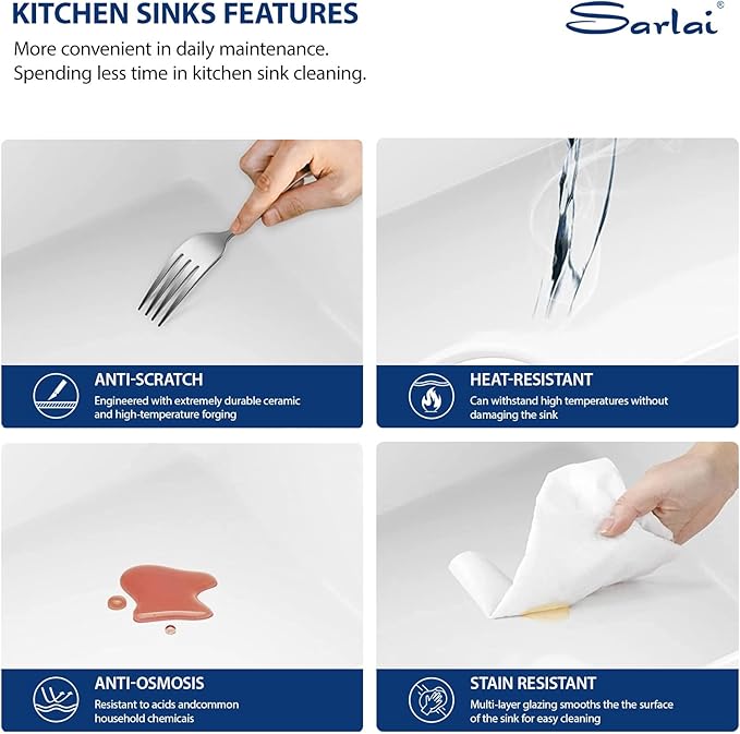 Sarlai 30 White Farmhouse Kitchen Sink - 30x20 Inch Farm Kitchen Sink Ledge Workstation White Ceramic Porcelain Fireclay Farmer Sinks 10" Inch Deep Single Bowl Basin with Assesories