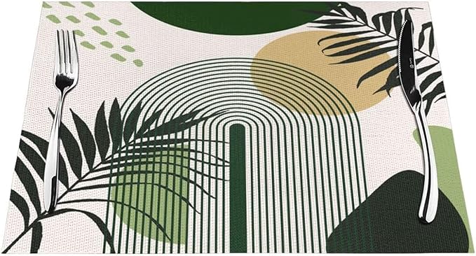 Boho Mid Century Sun Placemats Printed Modern Rainbow Leaves Green Design Washable Place Mats 12x18Inch for Dining Kitchen Farmhouse Decor 6 PCS