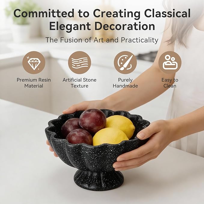 Pedestal Decorative Bowl Home Decor - Morden Handmade Decorative Fruit Bowl for Kitchen Counter, Chic Ruffle Bowl Centerpiece Decor for Dining Table Coffee Table (Starry Black