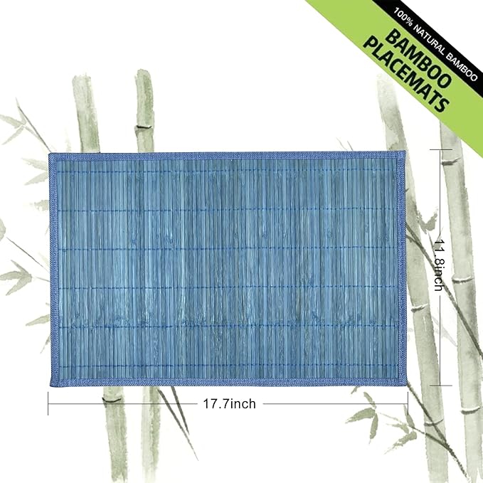 ANDSTAR Bamboo Placemats Set of 8 Non-Slip Waterproof - 12x18 Inch Reusable Table Mats for Kitchen Dining, Eco-Friendly Thick Heat Resistant Dishwasher Safe Home Decor (Blue)