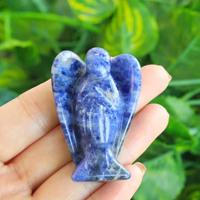 2" Crystal Angel Decor Blue Solidate Healing Polished Gift Stone Sculpture Statue Hand Carved Cute Figurines Gemstone Reiki Home Room Office Desk Decoration Guardian Angels Gifts for Women Men