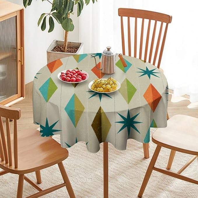 Mid Century Round Tablecloth, Modern Colorful Abstract Geometric Retro Art Printed Tablecloth for Home Party Dining Room Kitchen Decor 70Inch(178cm)