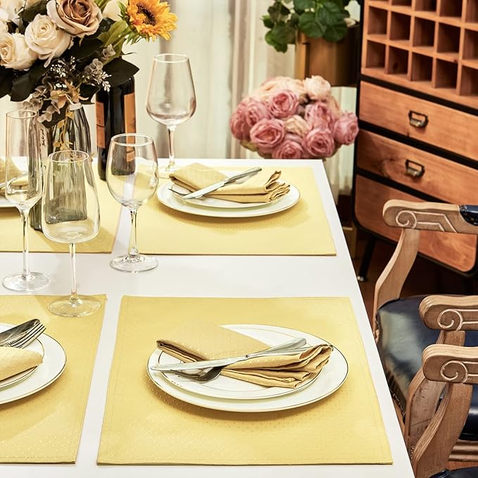 Place Mats Set of 8 – Rectangle Rectangular Waterproof Fabric Polyester Cloth Washable Wipeable Heat Resistant Placemats for Kitchen Dining Dinner Table Indoor 13 x 19 Inch Gold
