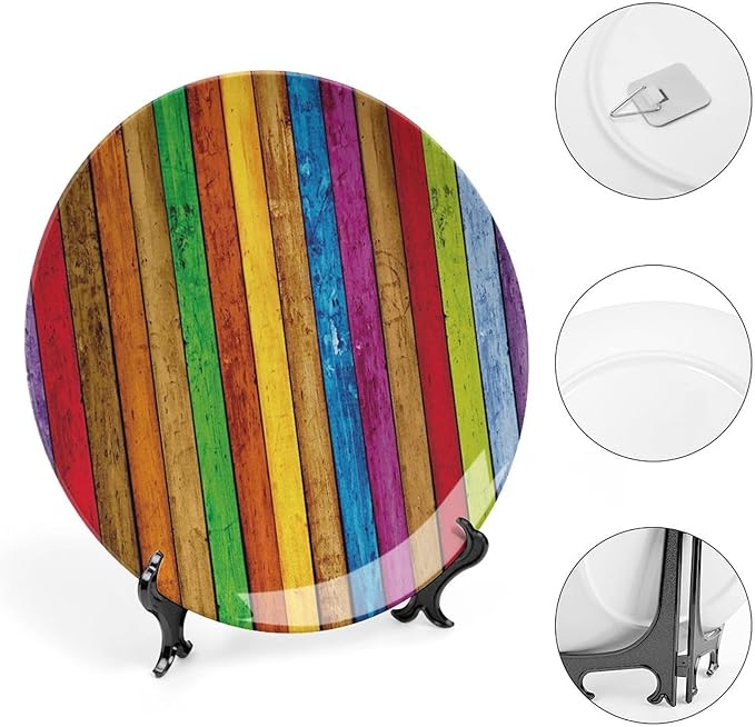 Ceramic Display Plate, Abstract Ceramic Hanging Decorative Plate, Vibrant Wooden Artistic Cheerful Art Rainbow Image, 10 Inch, Living Room Kitchen Decoration Household, Multicolor