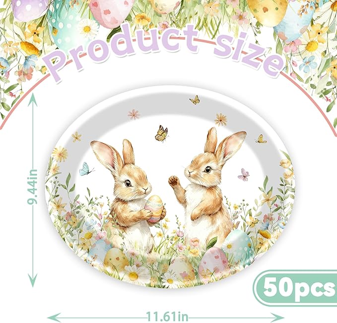 HAKOTI 50Pcs Easter Oval Paper Plates - Easter Decorations Bunny Oval Party Plates Spring Floral Rabbit Tableware Decoration for Birthday,Baby Shower,Spring Holiday Dinner Table Decor